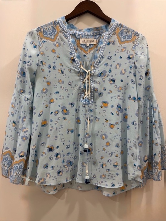 Hale Bob Tops - Hale Bob Light Blue Tie-Front Bohemian-inspired prints, 100% Silk Blouse SZ S